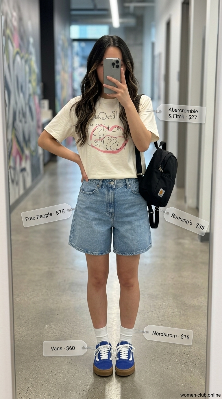 Baggy summer streetwear for women 2026: Light wash baggy denim shorts, graphic tee, royal blue sneakers, bucket hat.