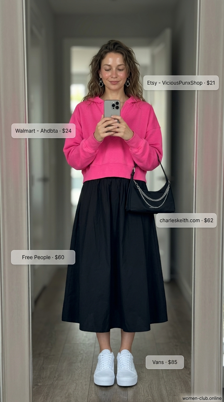 Baggy summer streetwear for women 2026: Pink hoodie, black baggy skirt, chunky sneakers, and silver earrings.