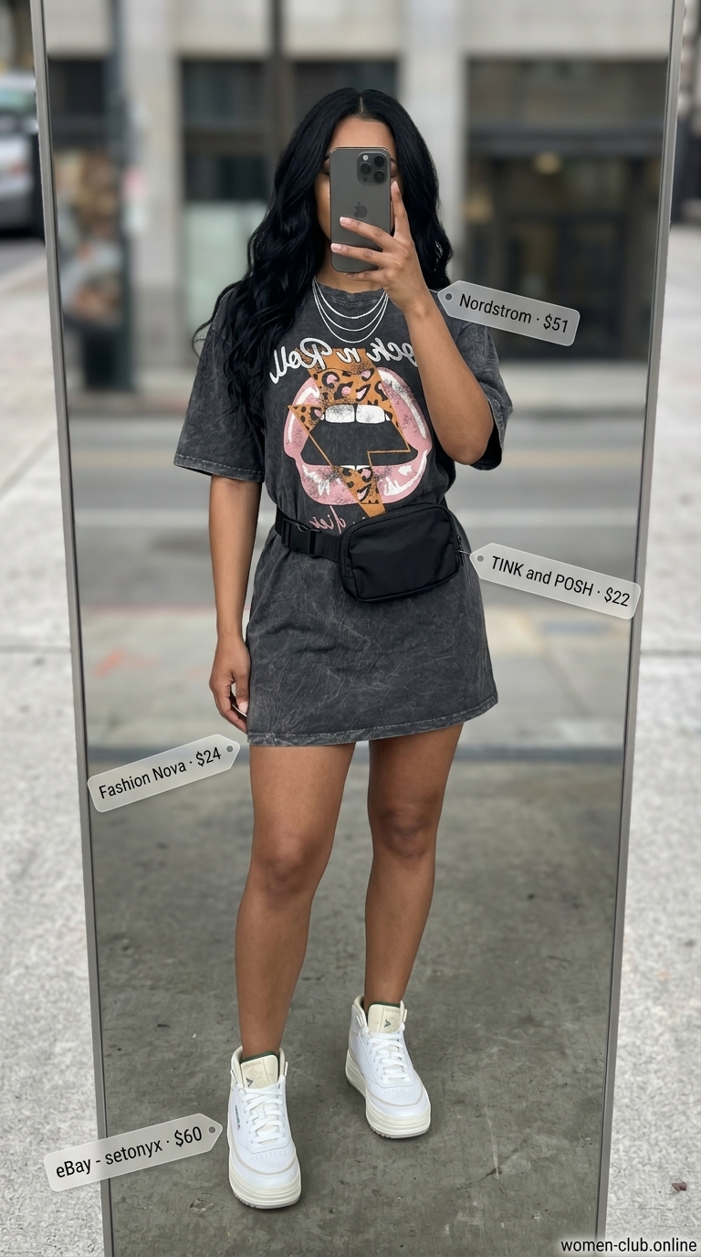 Baggy summer streetwear for women 2026: Charcoal graphic t-shirt dress, black belt bag, chunky sneakers.