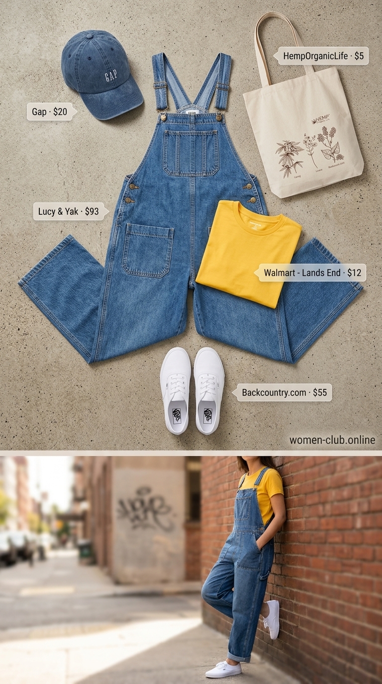 Baggy summer streetwear for women 2026: Relaxed fit denim overalls, yellow tee, white sneakers, canvas tote for art walk.