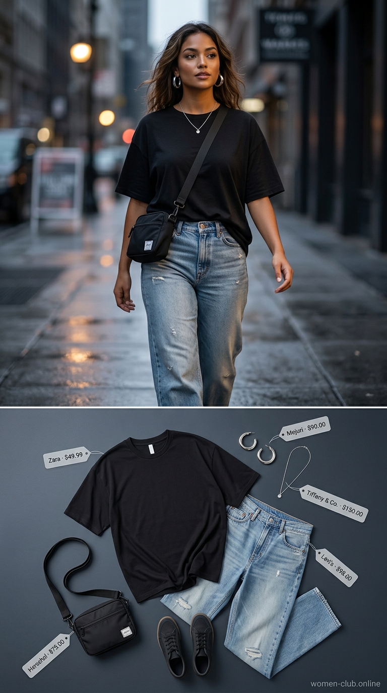 Baggy summer streetwear for women 2026: Navy satin slip dress, oversized denim jacket, cream sandals, gathered bag.