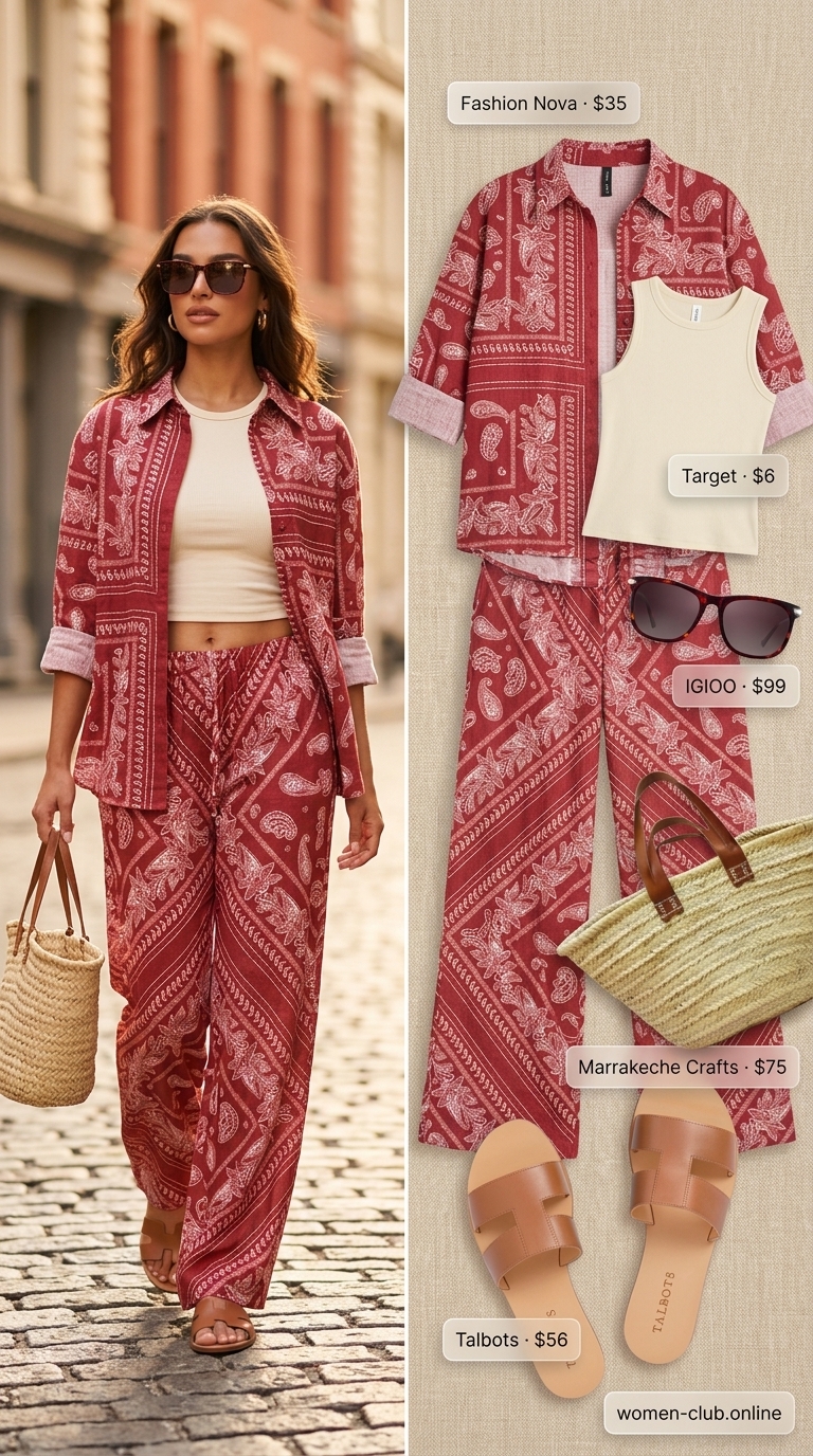 Baggy summer streetwear for women 2026: Terracotta linen set, tan slides, cream tank, straw tote, tortoiseshell sunglasses.