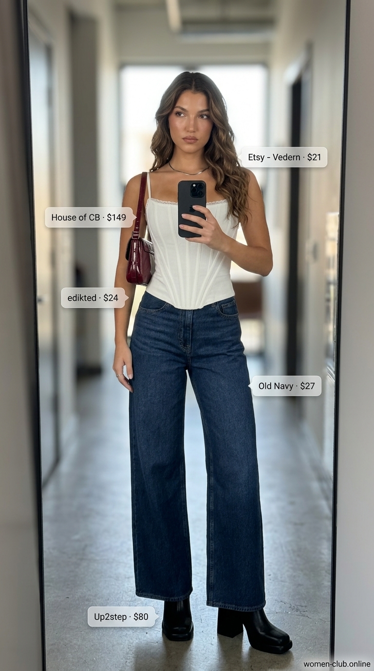 Baggy summer streetwear for women 2026: Baggy jeans, corset top, red bag, platform boots.