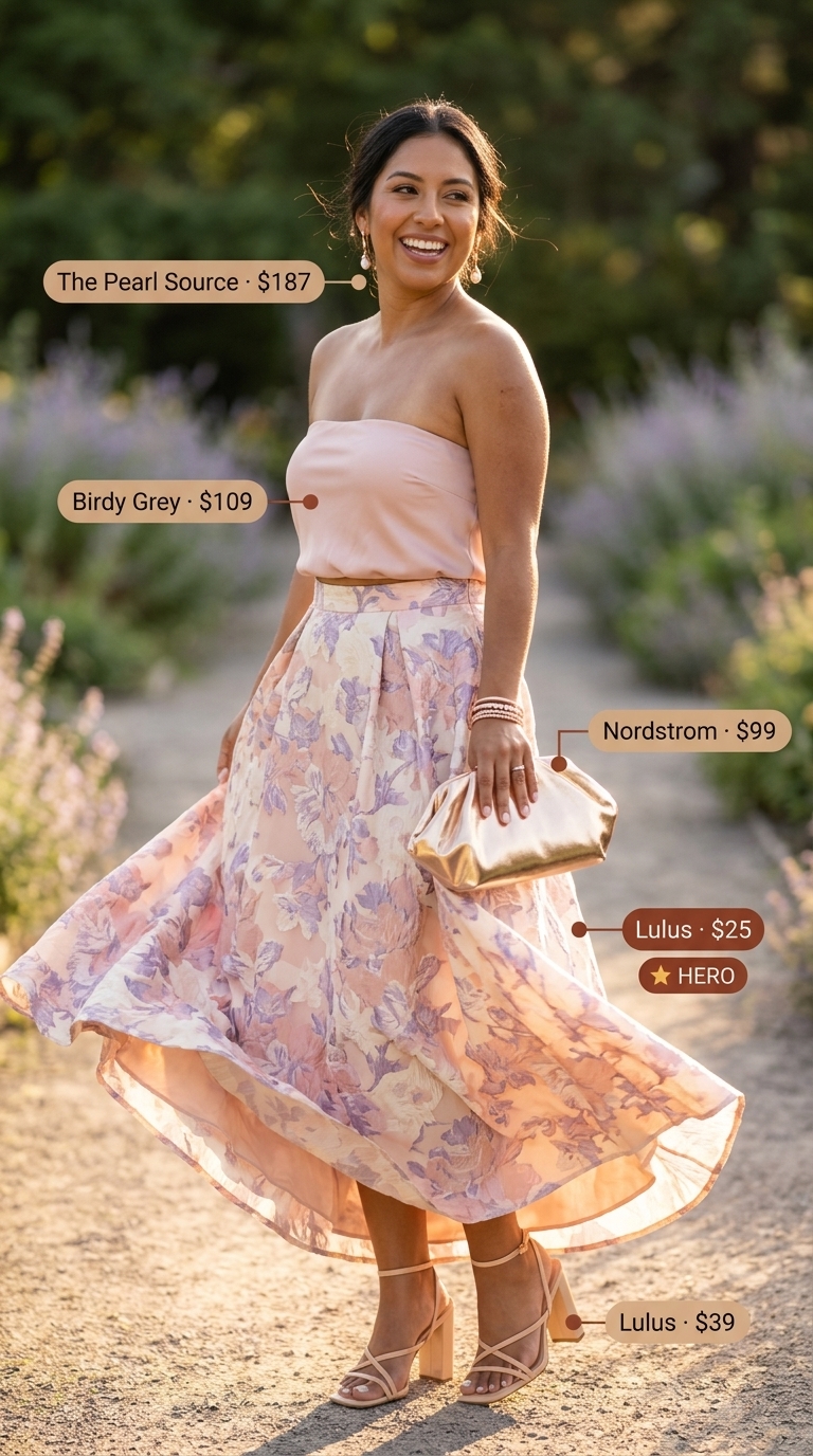 Blush pink satin tube top with a floral chiffon maxi skirt for romantic summer tube top with maxi skirt outfits for women 2026.