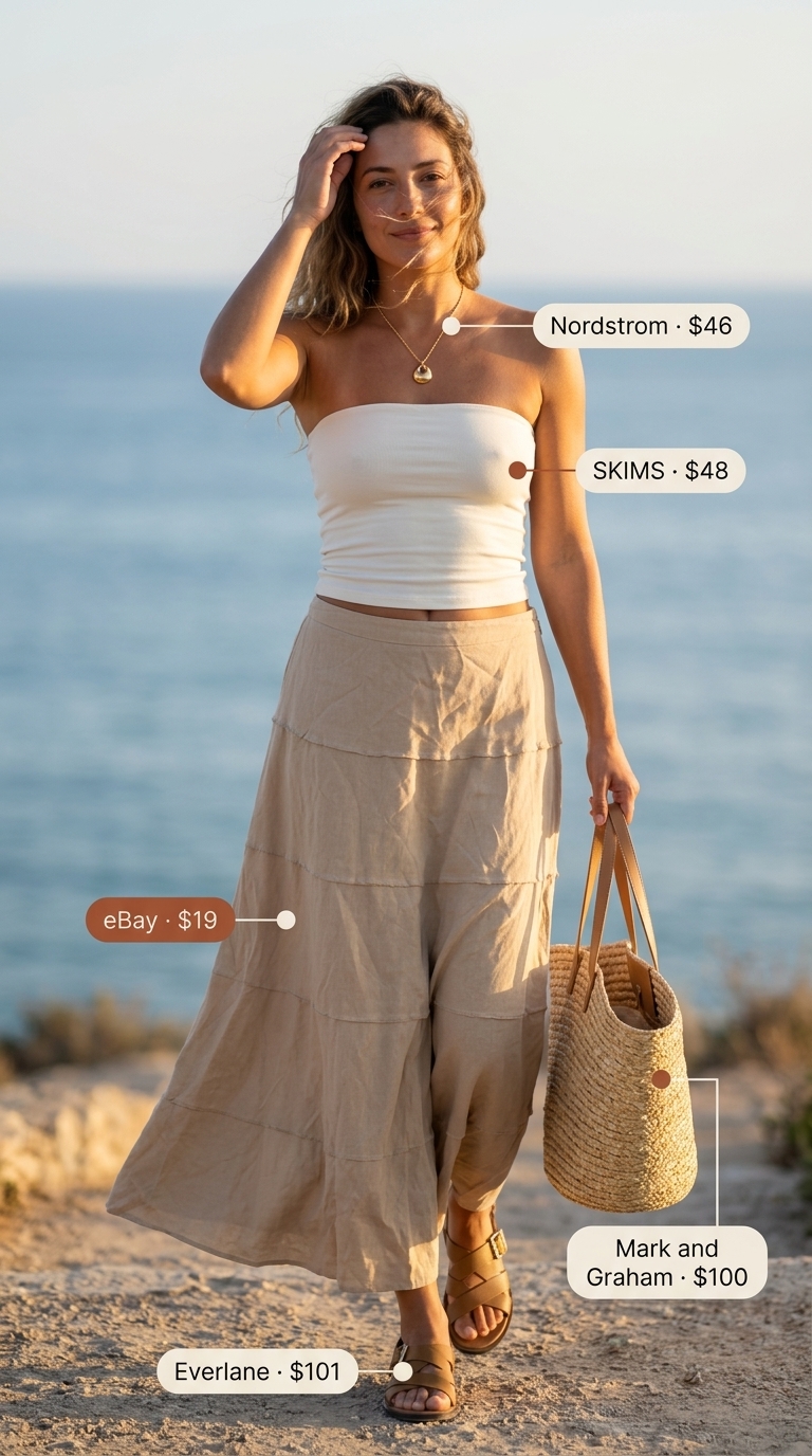 Cream knit tube top with a sand beige tiered maxi skirt for relaxed summer tube top with maxi skirt outfits for women 2026.