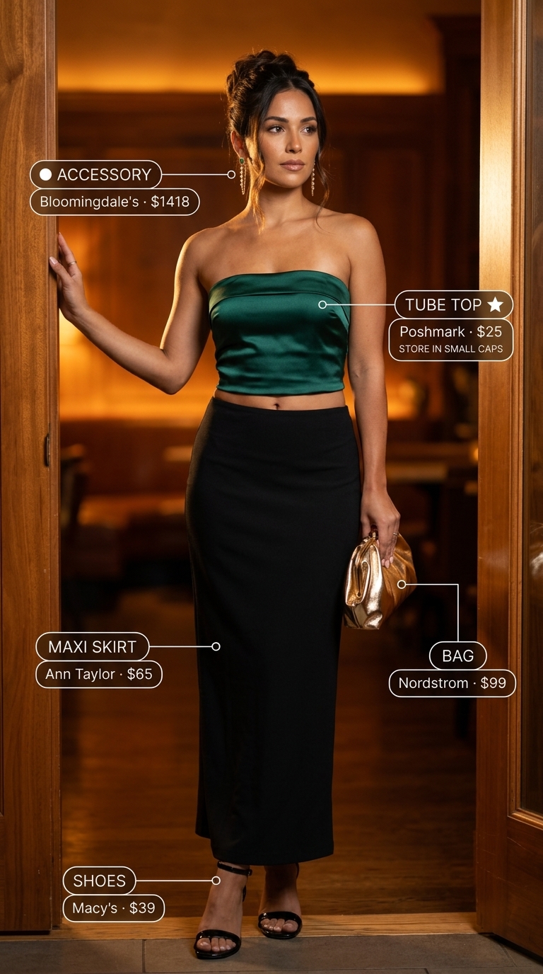 Emerald green liquid satin tube top with a black column maxi skirt for glamorous summer tube top with maxi skirt outfits for women 2026.