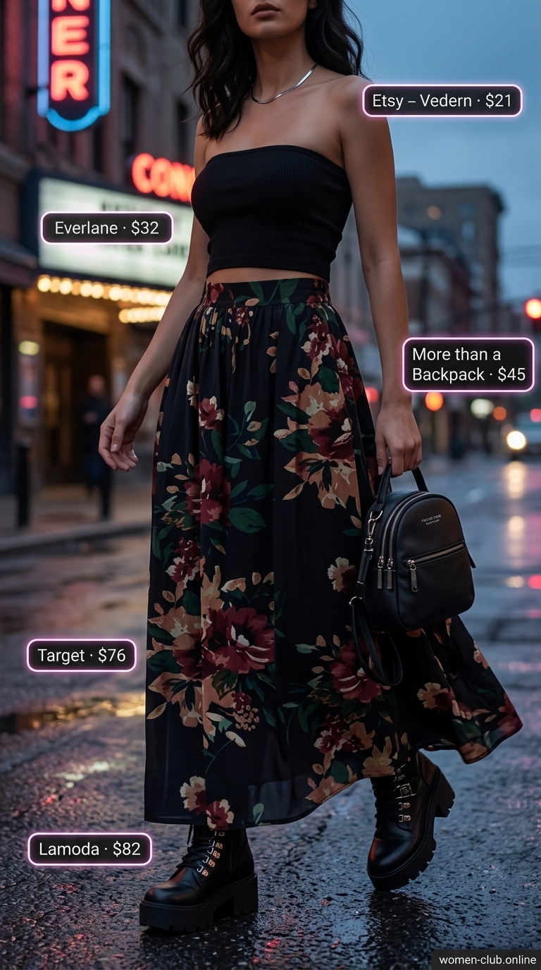 Black tube top with dark floral chiffon maxi skirt for edgy concert outfits 2026.