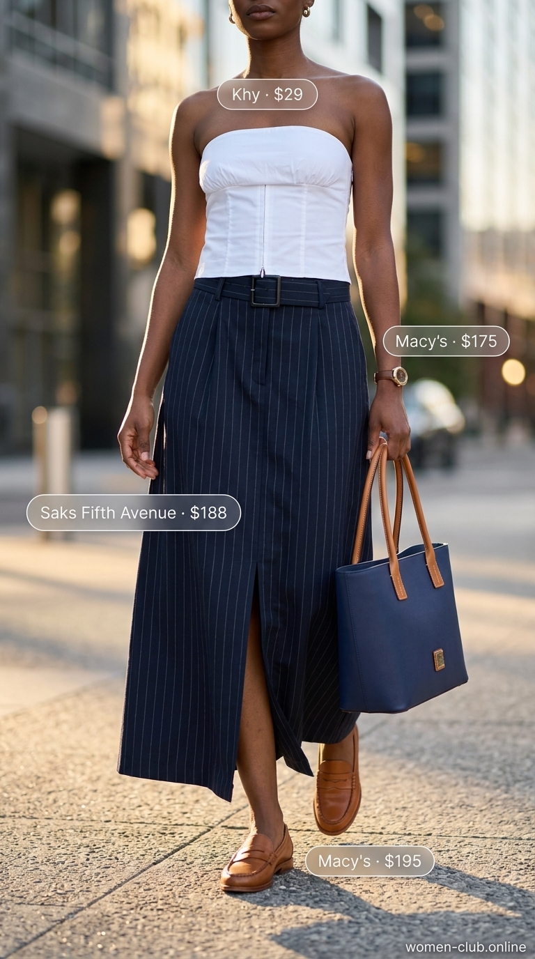Crisp white cotton tube top with navy pinstripe maxi skirt for business casual outfits 2026.
