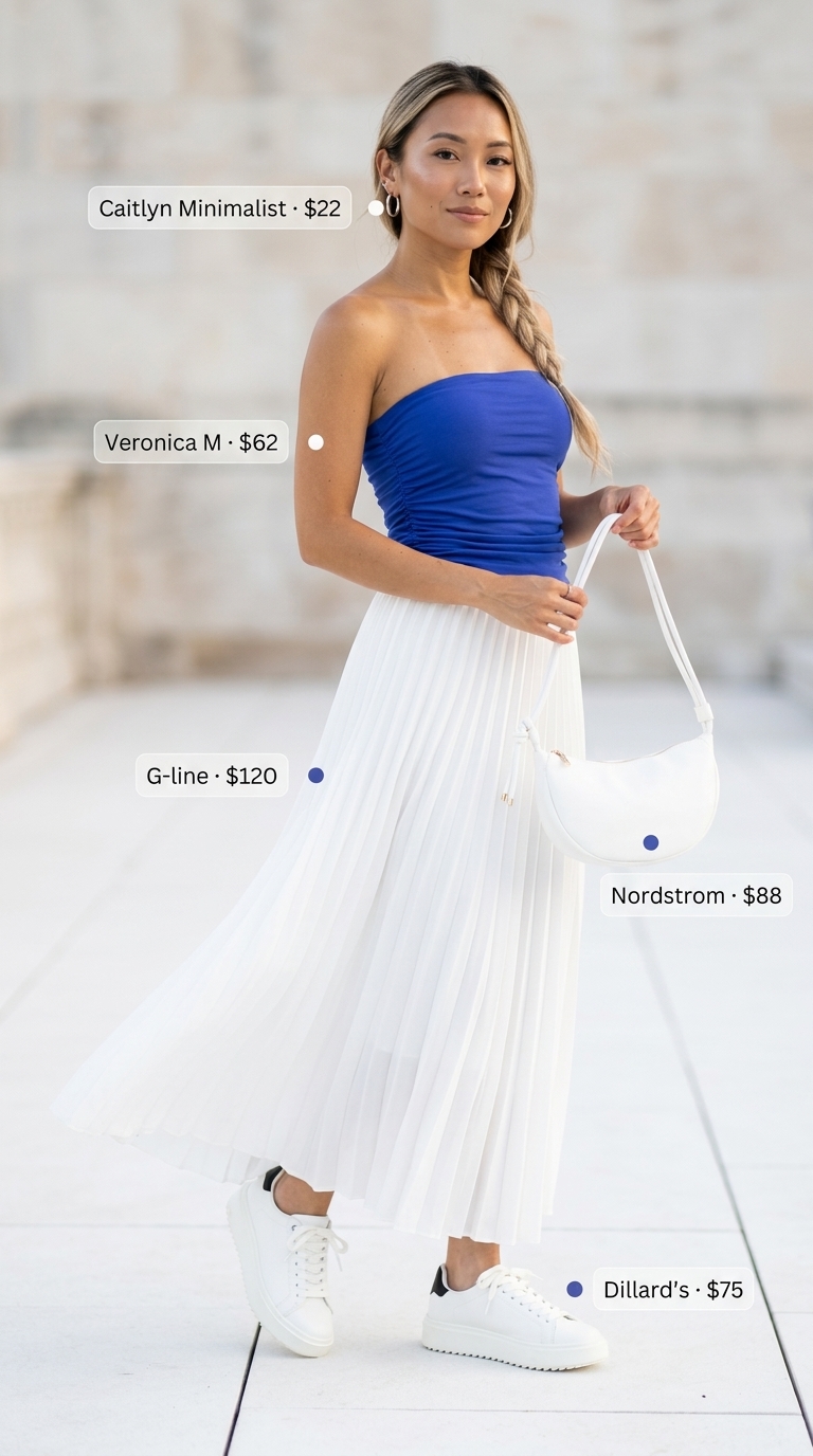 Cobalt blue ribbed tube top with a crisp white pleated maxi skirt for summer tube top with maxi skirt outfits for women 2026.