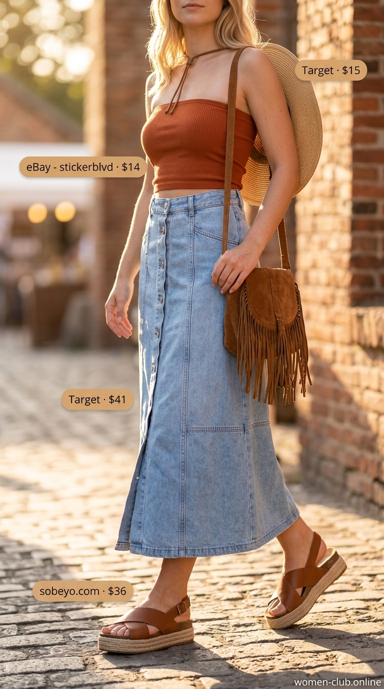 Rust orange washed cotton tube top with a light wash denim maxi skirt for summer tube top with maxi skirt outfits for women 2026.
