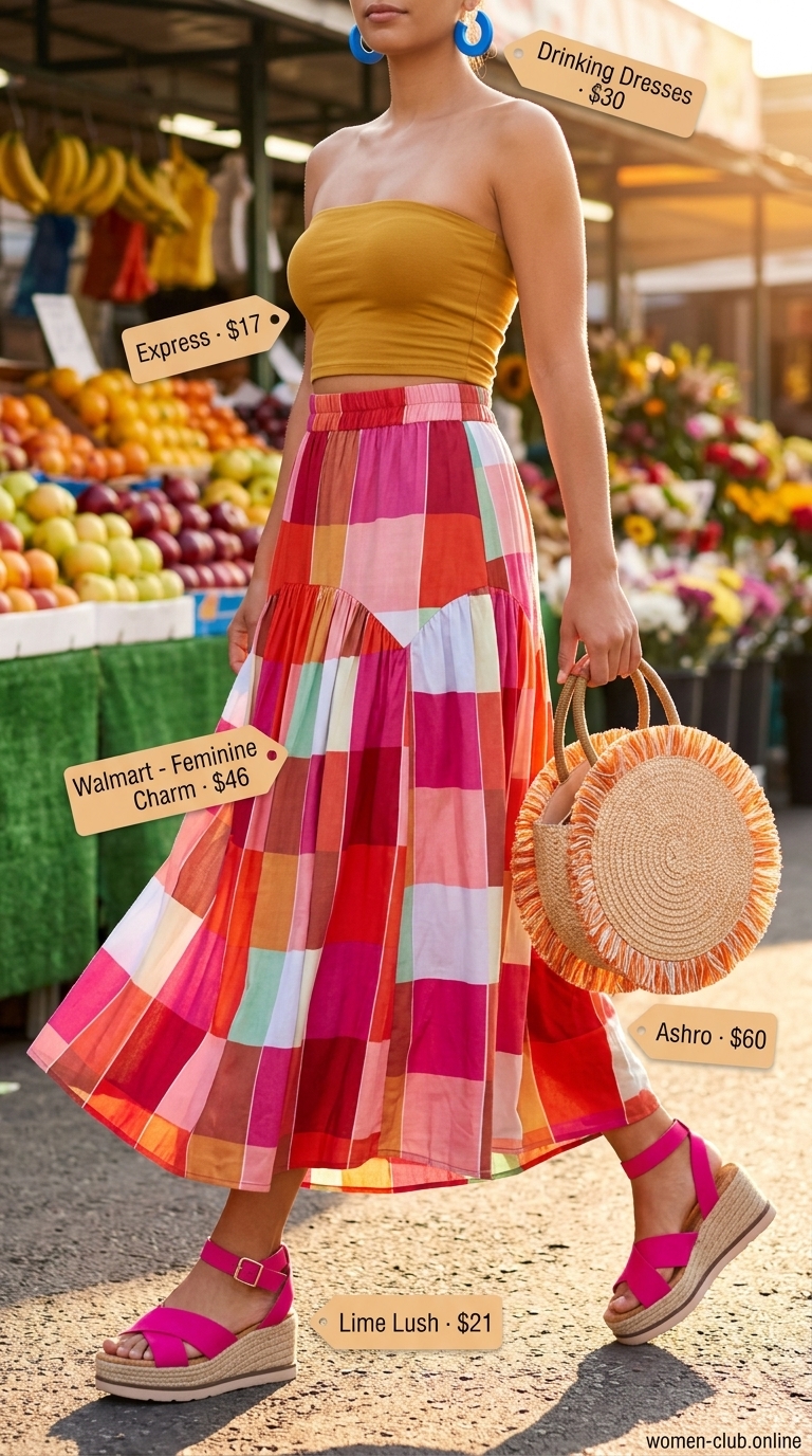 Sunny yellow tube top with geometric print maxi skirt for vibrant festival outfits 2026.