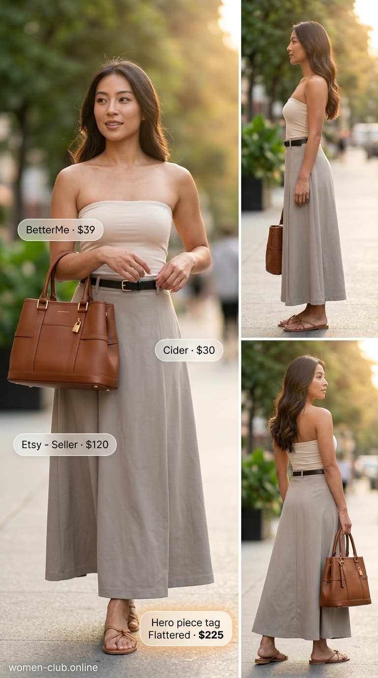 Greige knit tube top outfit with greige maxi skirt for women 2026, sophisticated city style.