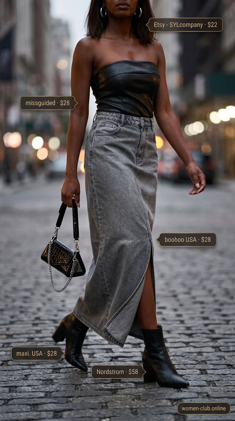 Black faux leather tube top outfit with charcoal denim maxi skirt for women 2026, edgy night out.