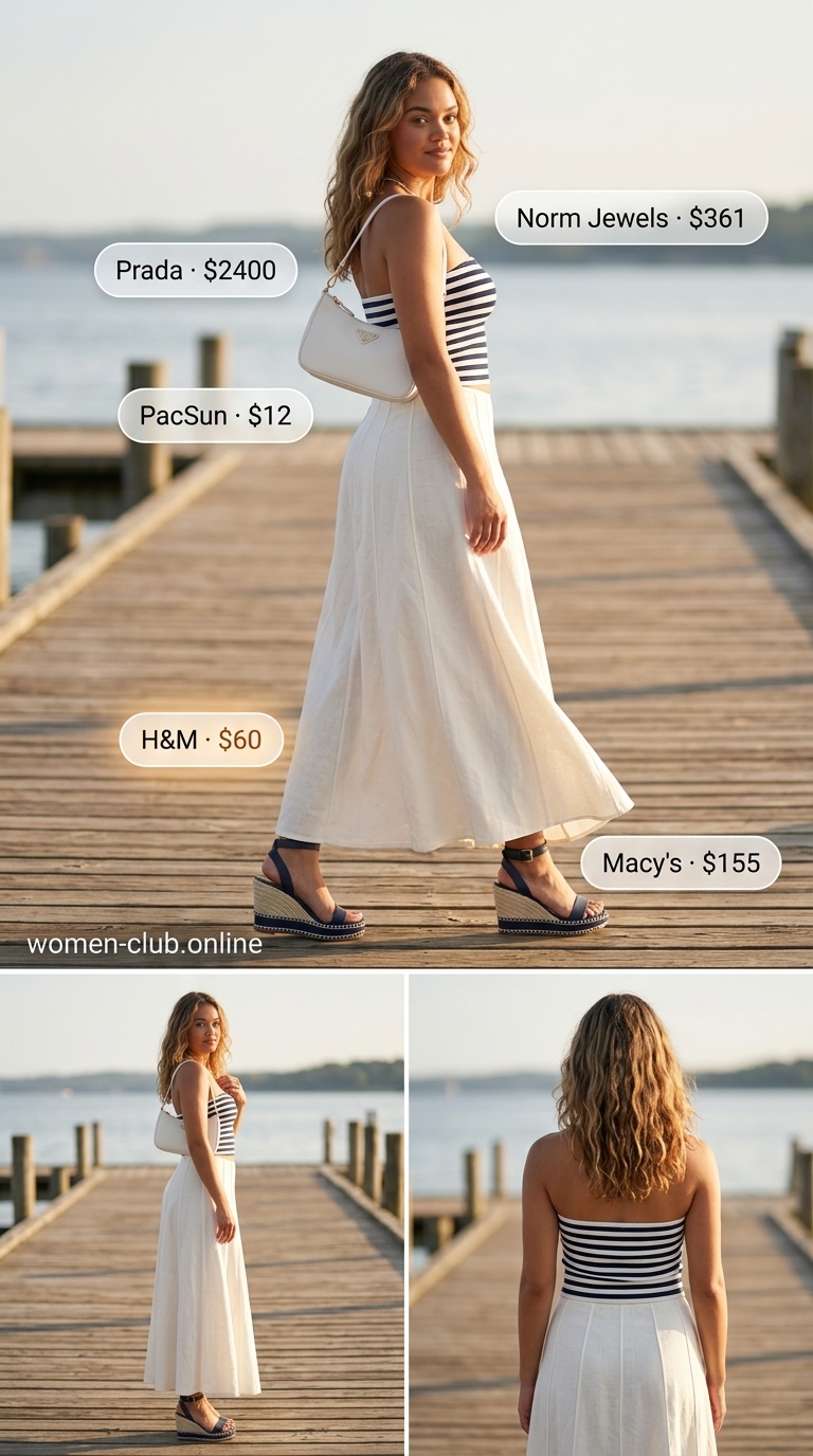 Navy and white striped jersey tube top with a crisp white linen maxi skirt for summer tube top with maxi skirt outfits for women 2026.