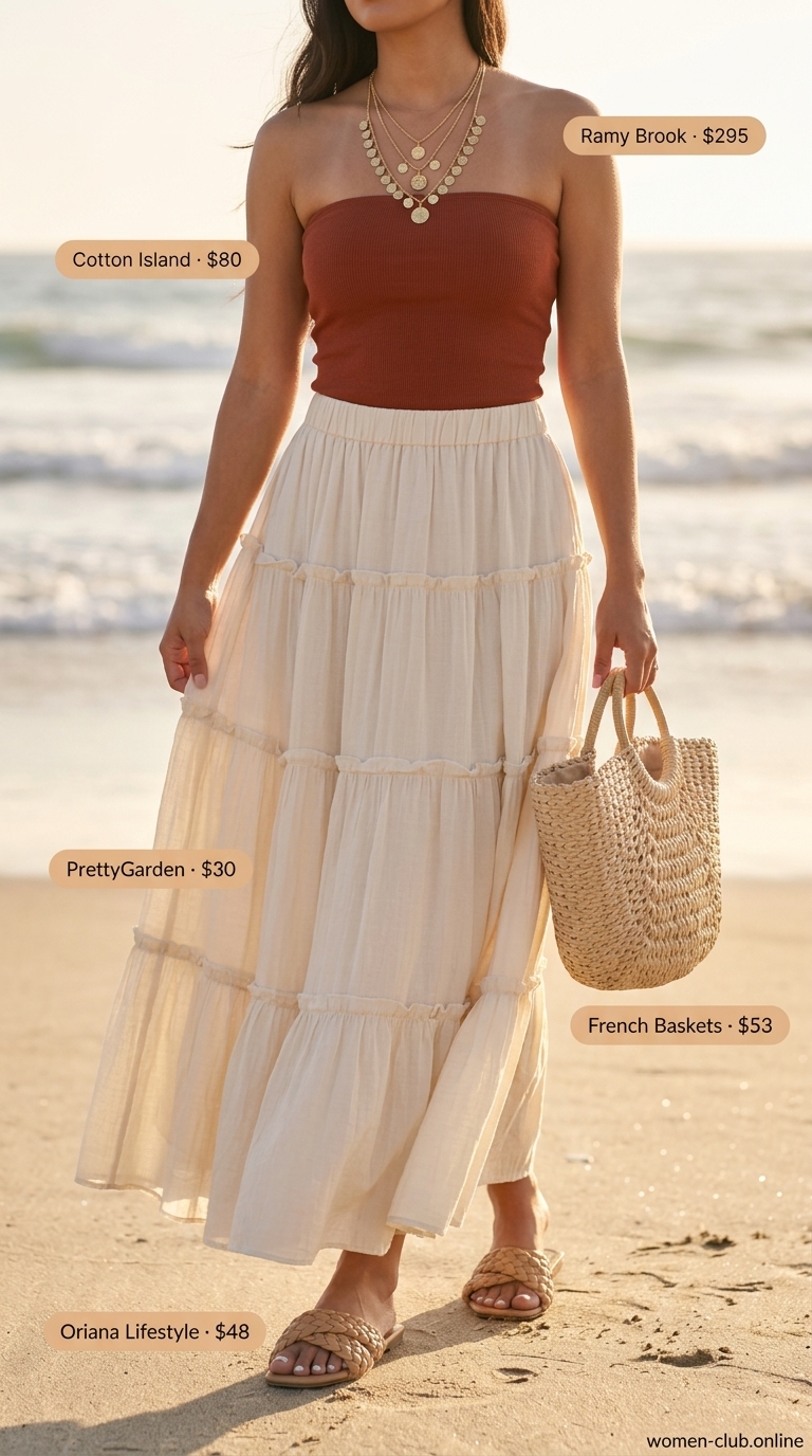 Terracotta tube top outfit with cream tiered maxi skirt for women 2026, bohemian festival style.