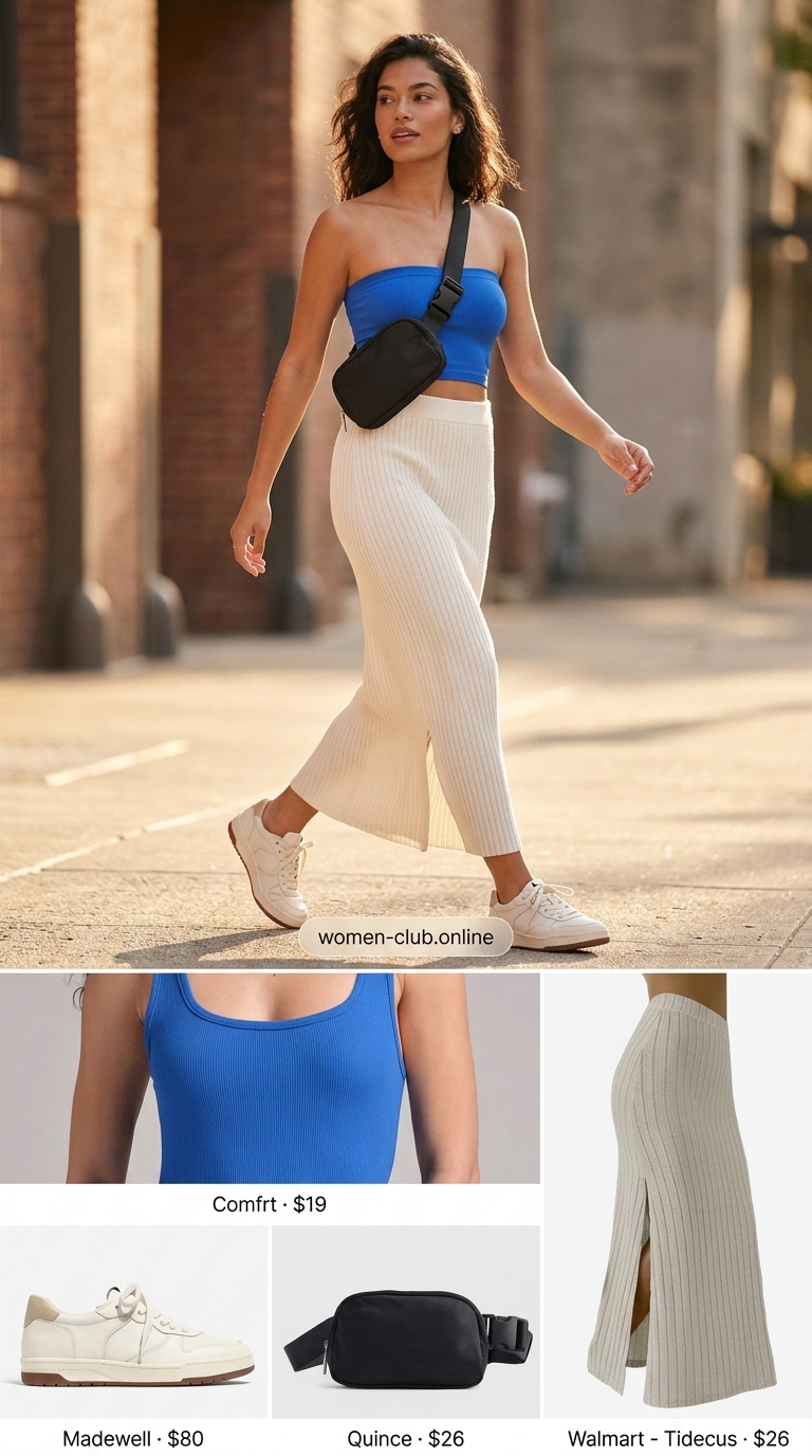 Cobalt blue tube top outfit with white maxi skirt for women 2026, athleisure street style.