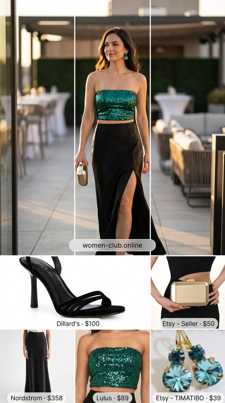 Teal sequin tube top outfit with satin maxi skirt for women 2026, perfect for summer galas.