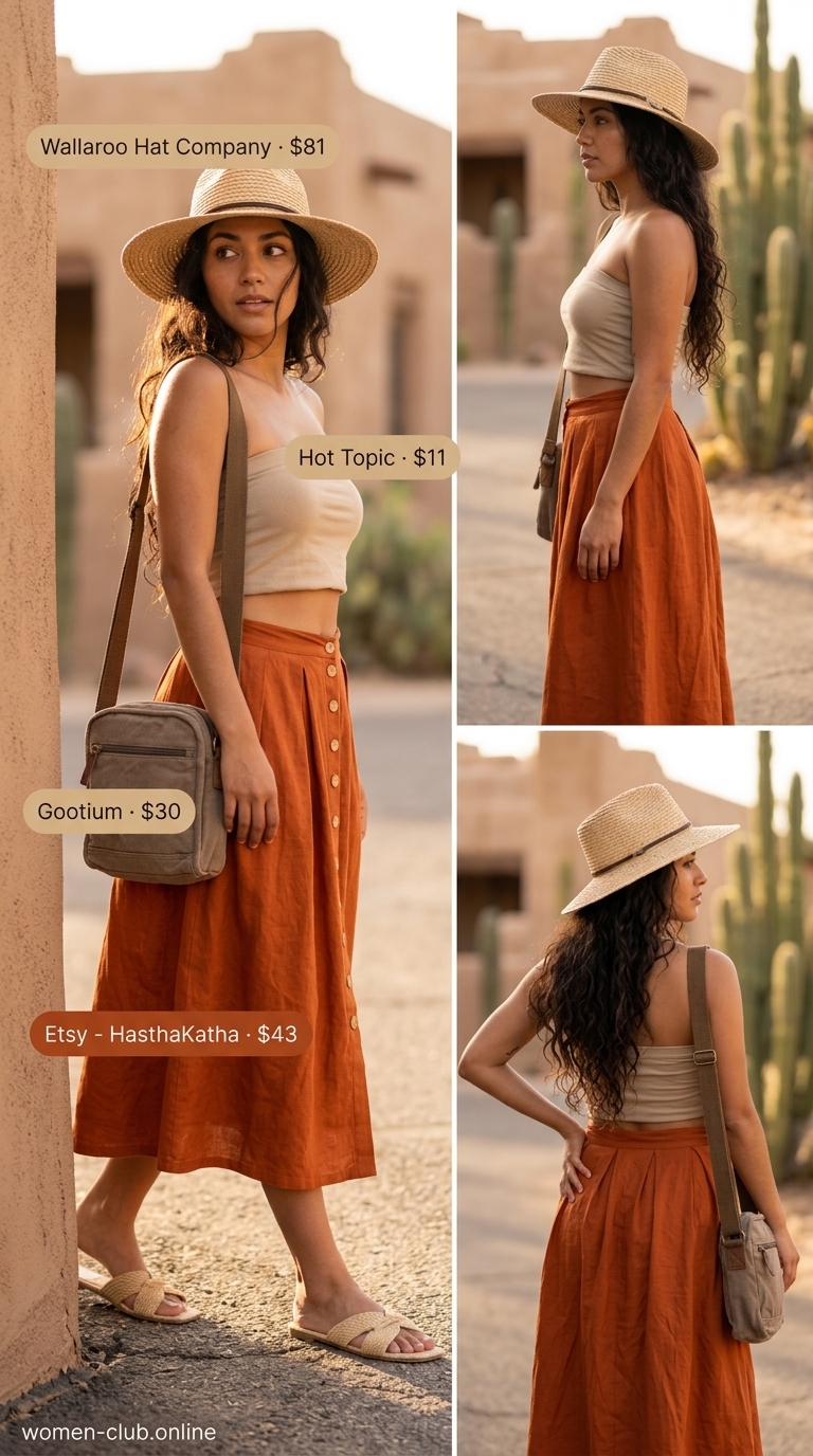 Olive green tube top with rust orange linen maxi skirt for road trip outfits 2026.
