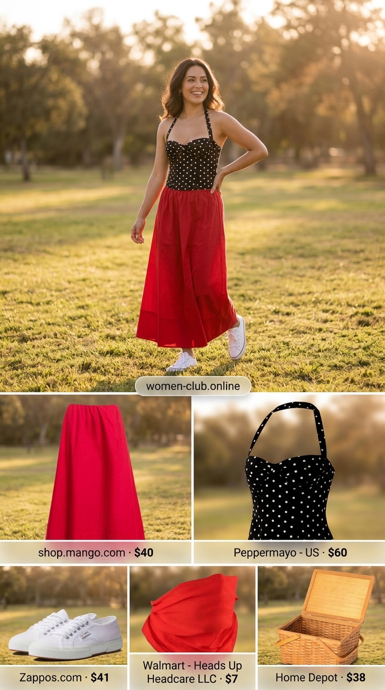 Polka dot tube top outfit with red maxi skirt for women 2026, retro picnic style.