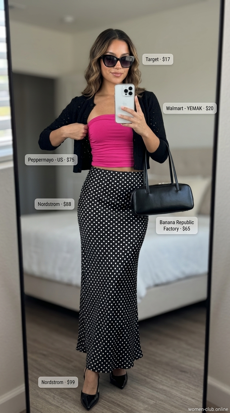 Hot pink tube top with a black and white polka dot satin maxi skirt for summer tube top with maxi skirt outfits for women 2026.