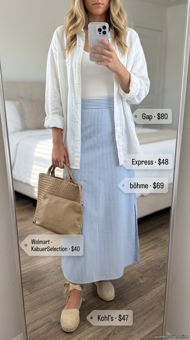 White ribbed tube dress outfit with striped maxi skirt for women 2026, perfect for beach days.