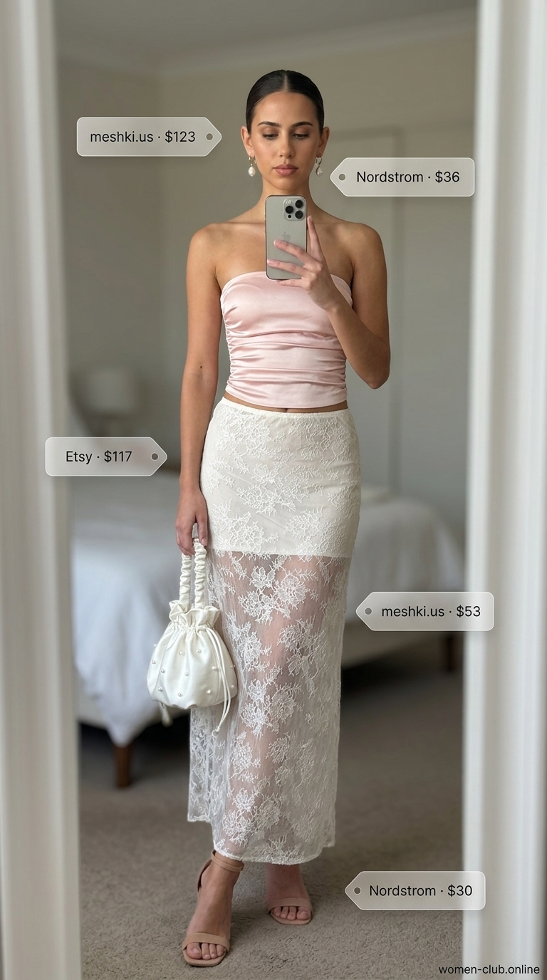 Blush pink satin tube dress outfit with lace maxi skirt for women 2026, ideal for garden parties.