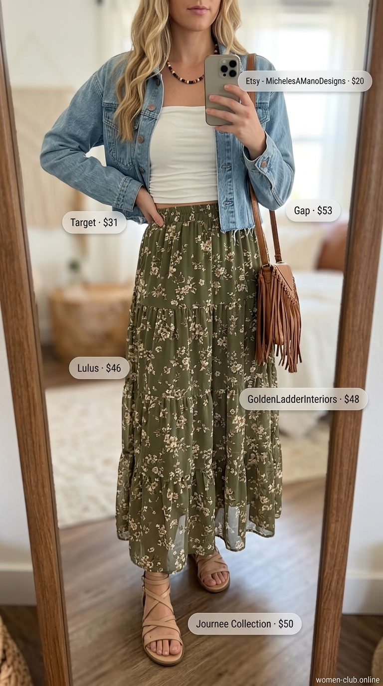 Olive green tube dress outfit with floral maxi skirt for women 2026, desert festival style.