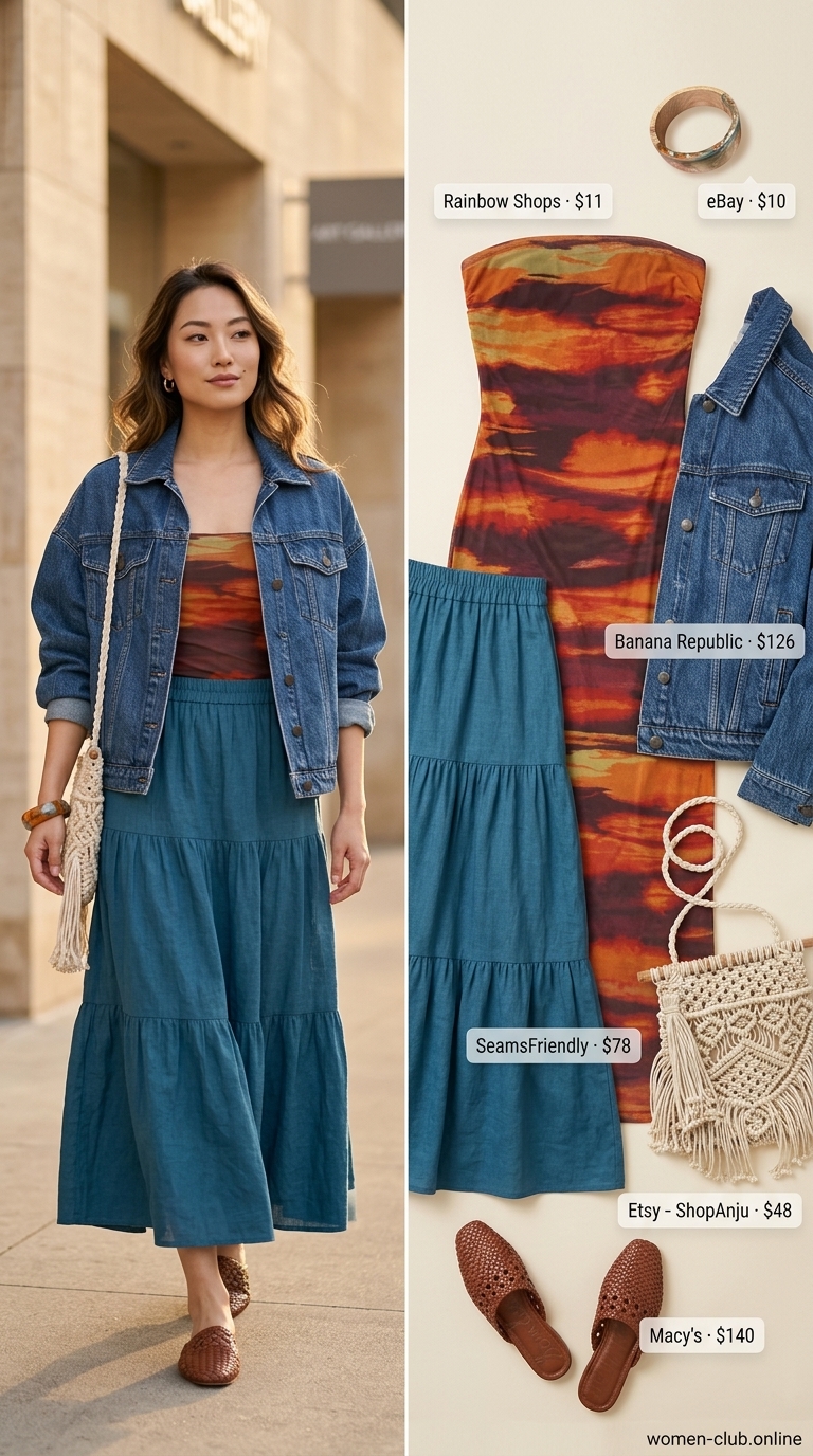 Abstract print maxi tube dress with dark teal crinkle cotton maxi skirt for artsy outfits 2026.