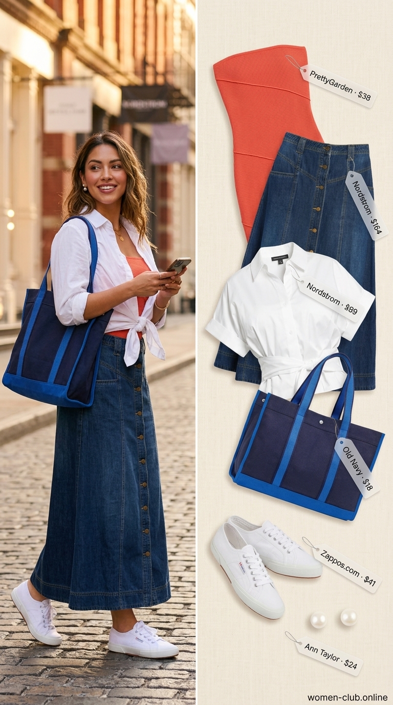 Bright coral tube dress with dark wash denim maxi skirt for preppy casual outfits 2026.