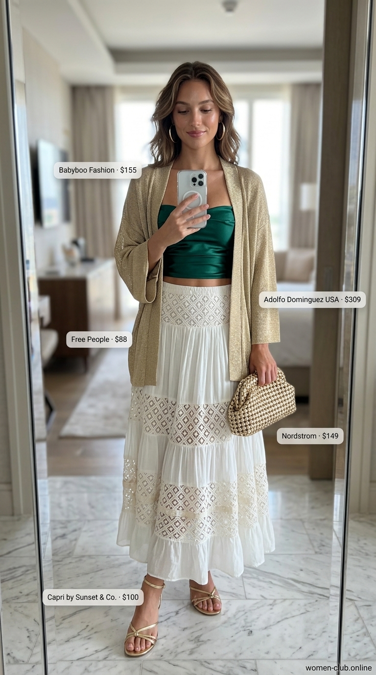 Emerald green silk tube top with white chiffon maxi skirt, gold accessories for resort dinner outfits 2026.