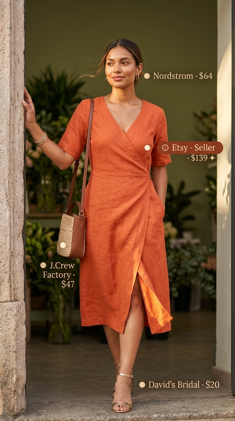 Classy Summer Brunch Outfits 2026: Garden Party Dress Classy summer brunch outfits for women 2026: Terracotta wrap dress with tan bag and gold hoops for a garden party.