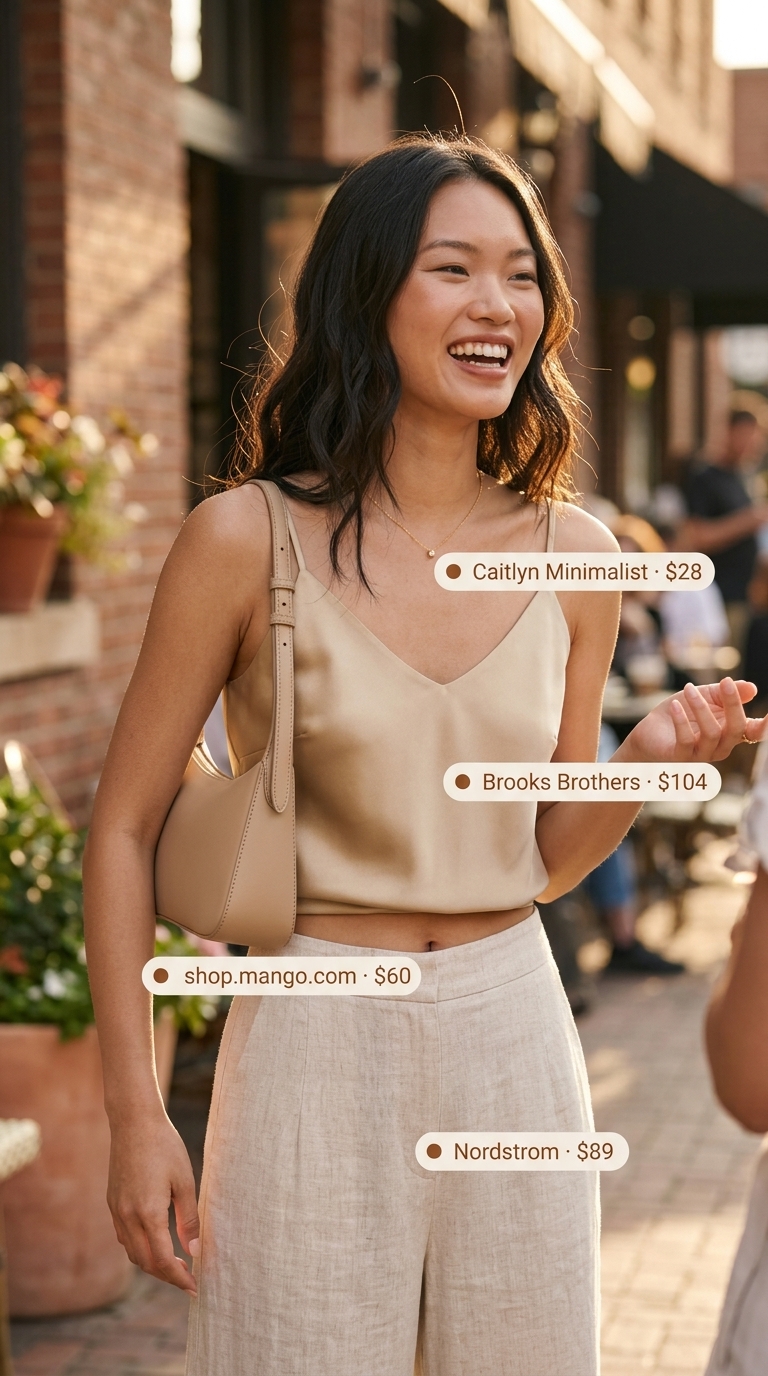 Classy Summer Brunch Outfits 2026: Terrace Linen Pants Classy summer brunch outfits for women 2026: Cream linen pants, beige silk cami for terrace elegance.