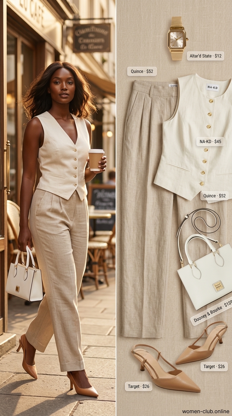 Understated Elegance Brunch 2026 Classy summer brunch outfits for women 2026: Beige linen vest and trousers, tan slingbacks, gold watch, and tote.