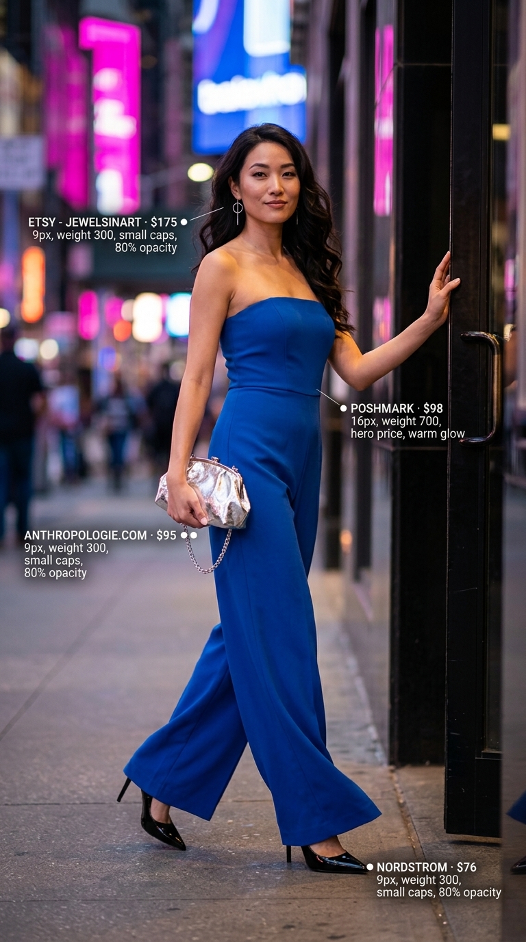 Sophisticated summer party hot outfit for women 2026: cobalt blue jumpsuit, silver clutch, black pumps.