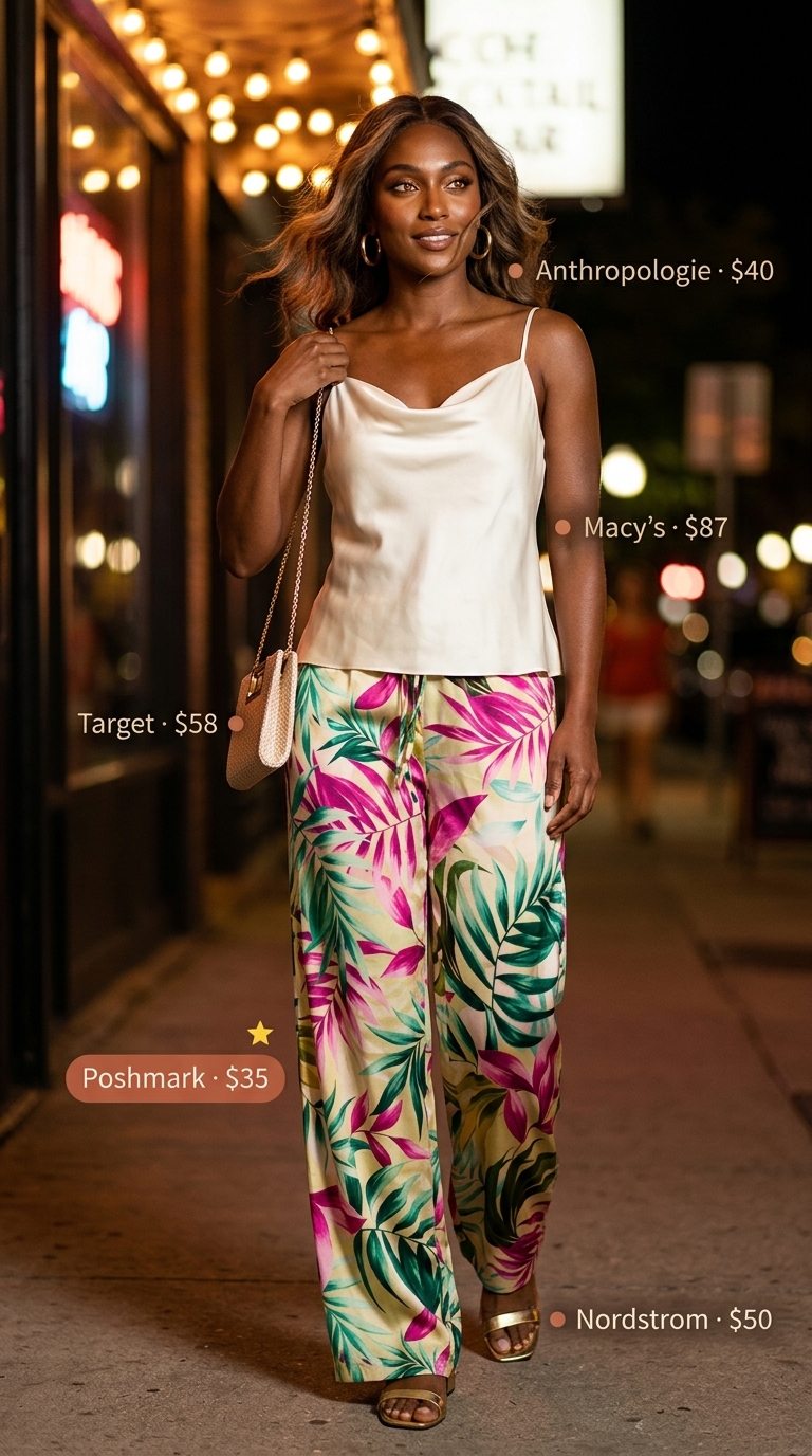 Tropical Luxe Affair: wide-leg satin pants, ivory camisole, gold hoops for a summer party hot outfit for women 2026.