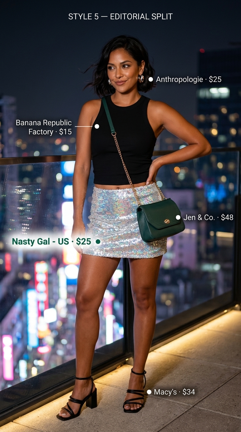 Glamorous summer party hot outfit for women 2026: sequin skirt, black tank, emerald bag, silver hoops.