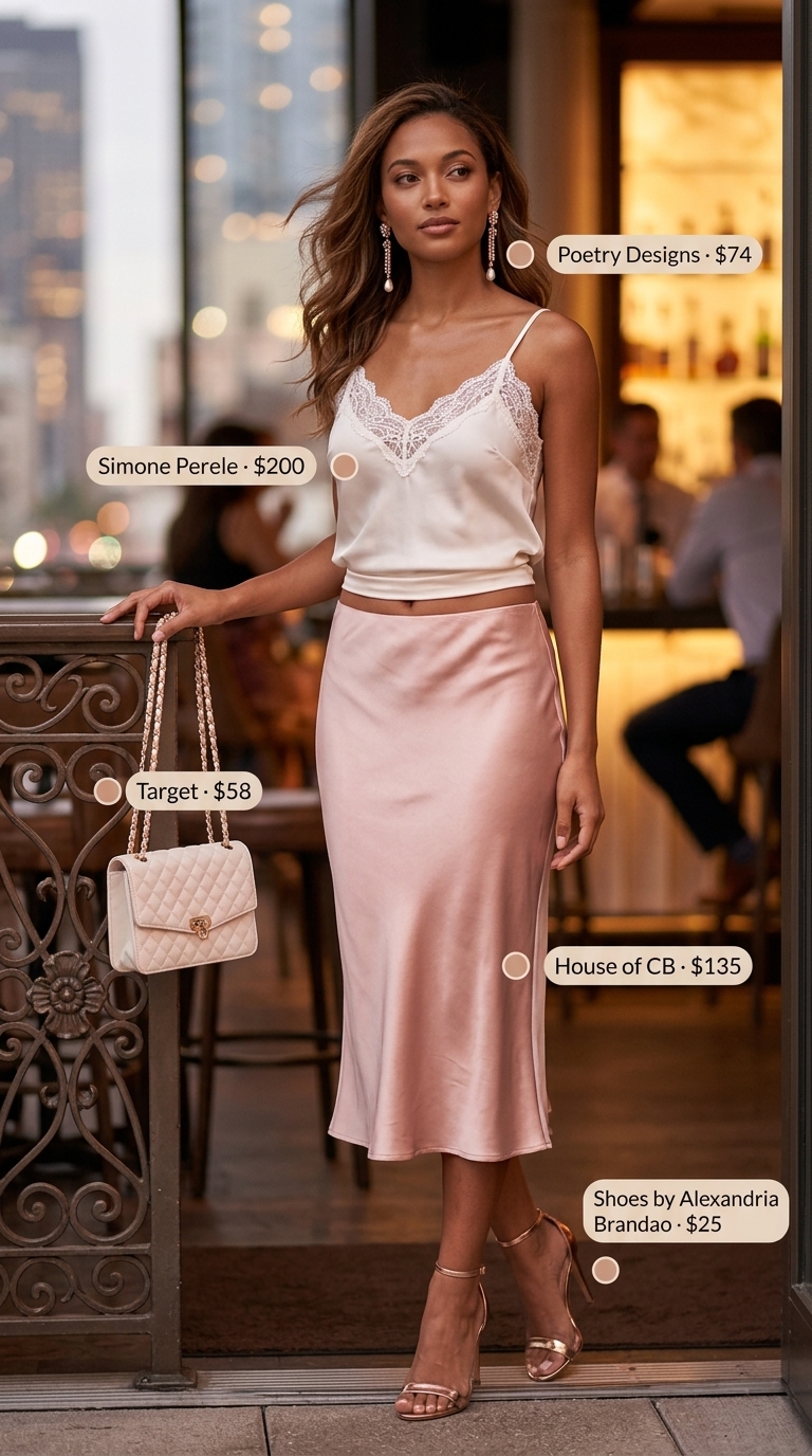 Romantic Riviera Rendezvous: blush pink satin skirt, cream lace camisole, rose gold heels for a summer party hot outfit for women 2026.