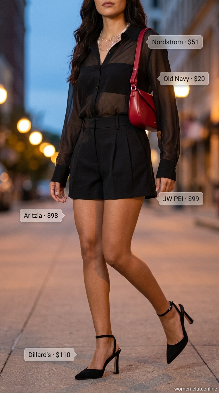Sheer Allure Evening: sheer black shirt, tailored shorts, red bag for a summer party hot outfit for women 2026.