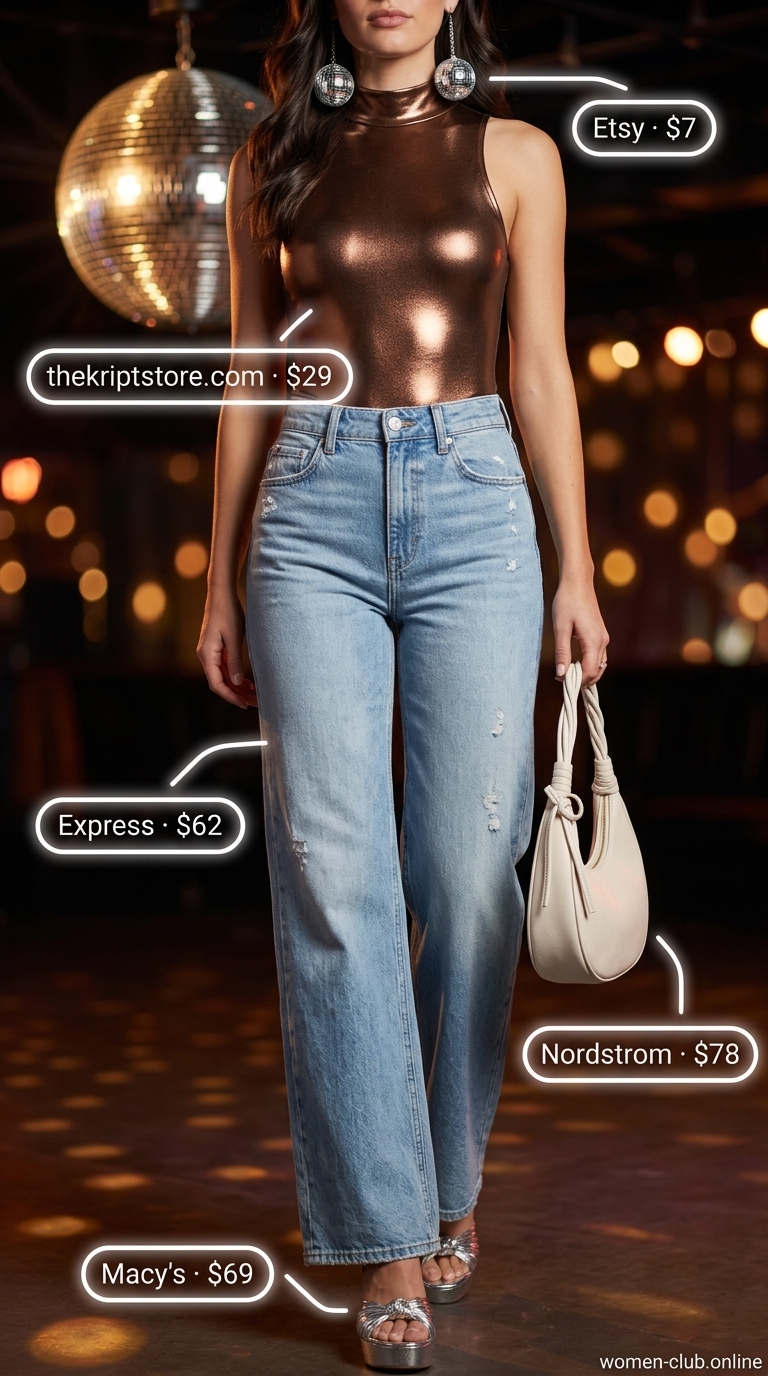 Retro Disco Fever outfit: light wash denim jeans, metallic bronze bodysuit, silver disco ball earrings for a summer party hot outfit for women 2026.