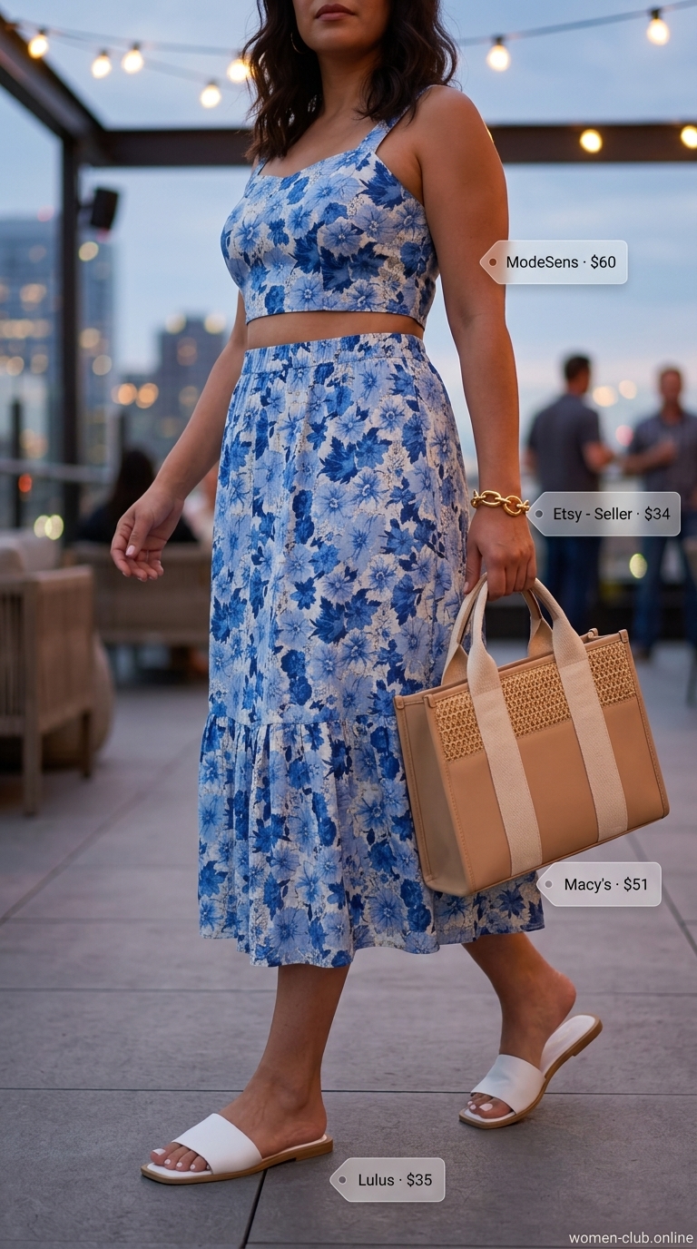 Playful summer party hot outfit for women 2026: abstract print co-ord set, white slides, raffia tote.