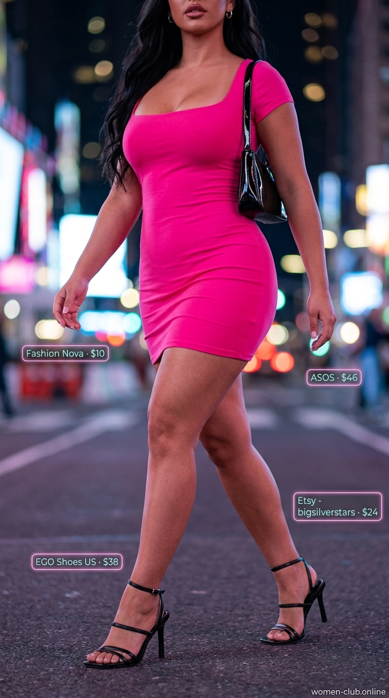 Neon Pink Night Out: hot pink bodycon mini dress, black strappy sandals for a summer party hot outfit for women 2026.