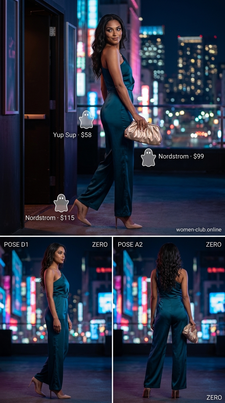 Teal Silk Sophistication: wide-leg jumpsuit, gold pendant necklace, nude pumps for a summer party hot outfit for women 2026.