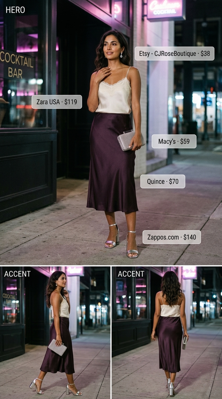 Romantic summer party hot outfit for women 2026: lavender satin skirt, ivory cami, silver heels.