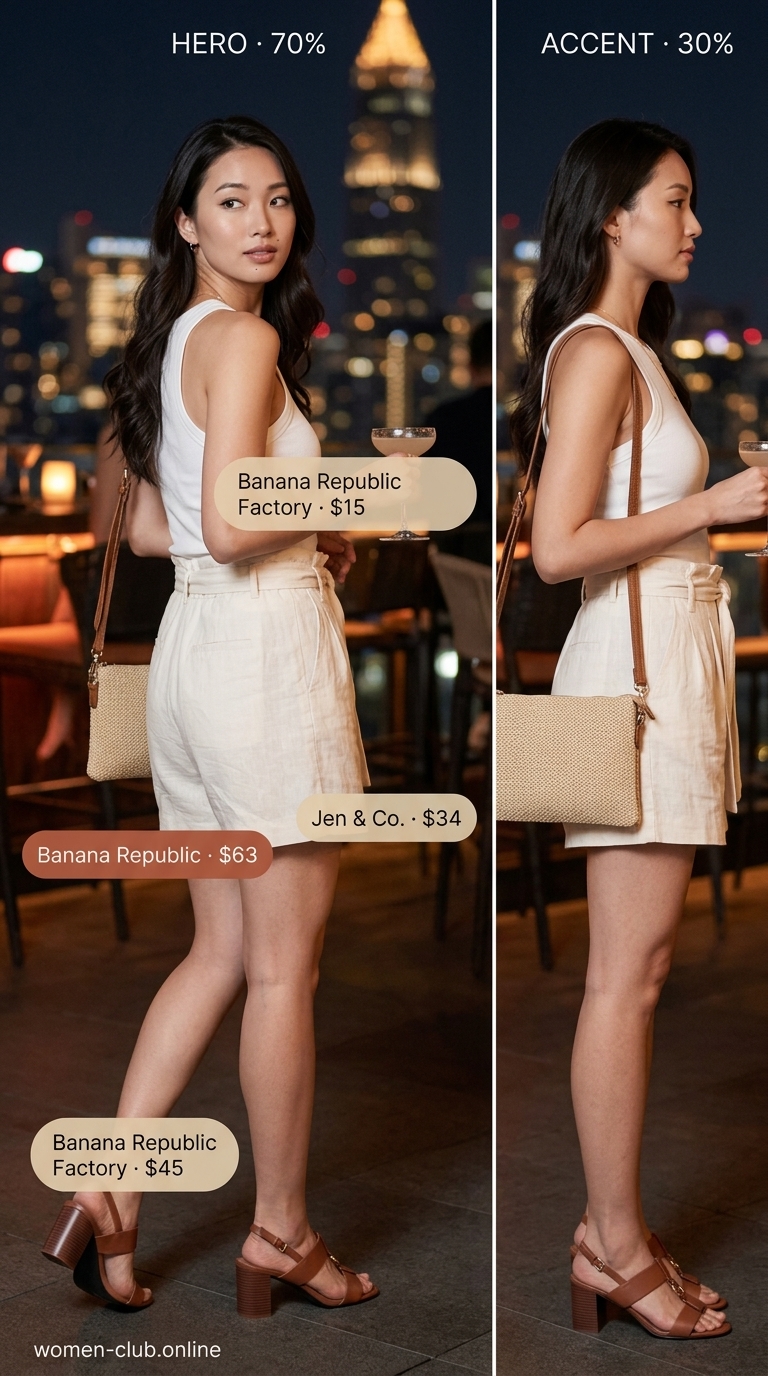 Effortless summer party hot outfit for women 2026: cream linen shorts, ribbed tank, cognac sandals.