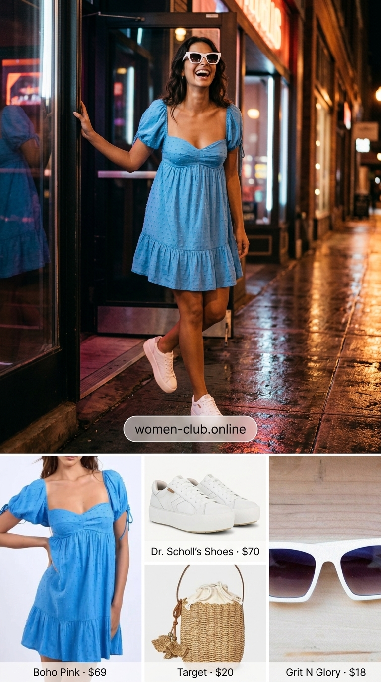 Cute summer party hot outfit for women 2026: sky blue babydoll dress, white sneakers, woven bag.