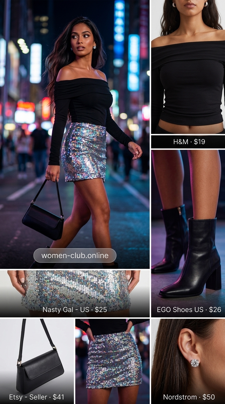 Daring summer party hot outfit for women 2026: iridescent sequin skirt, black off-shoulder top, ankle boots.