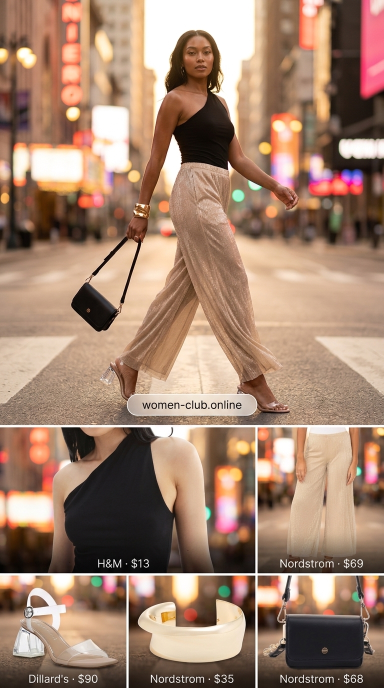 Festive summer party hot outfit for women 2026: gold palazzo pants, black crop top, clear heels.