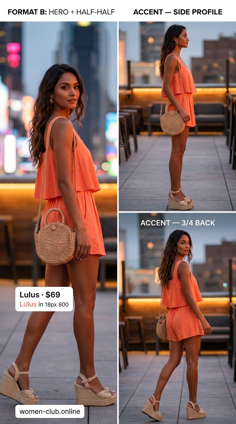 Sunset Festival Romp: coral orange playsuit, espadrille wedges, straw crossbody bag for a summer party hot outfit for women 2026.
