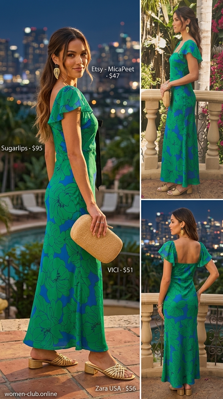 Tropical Cut-Out Maxi: vibrant print dress, gold leaf earrings, metallic sandals for a summer party hot outfit for women 2026.