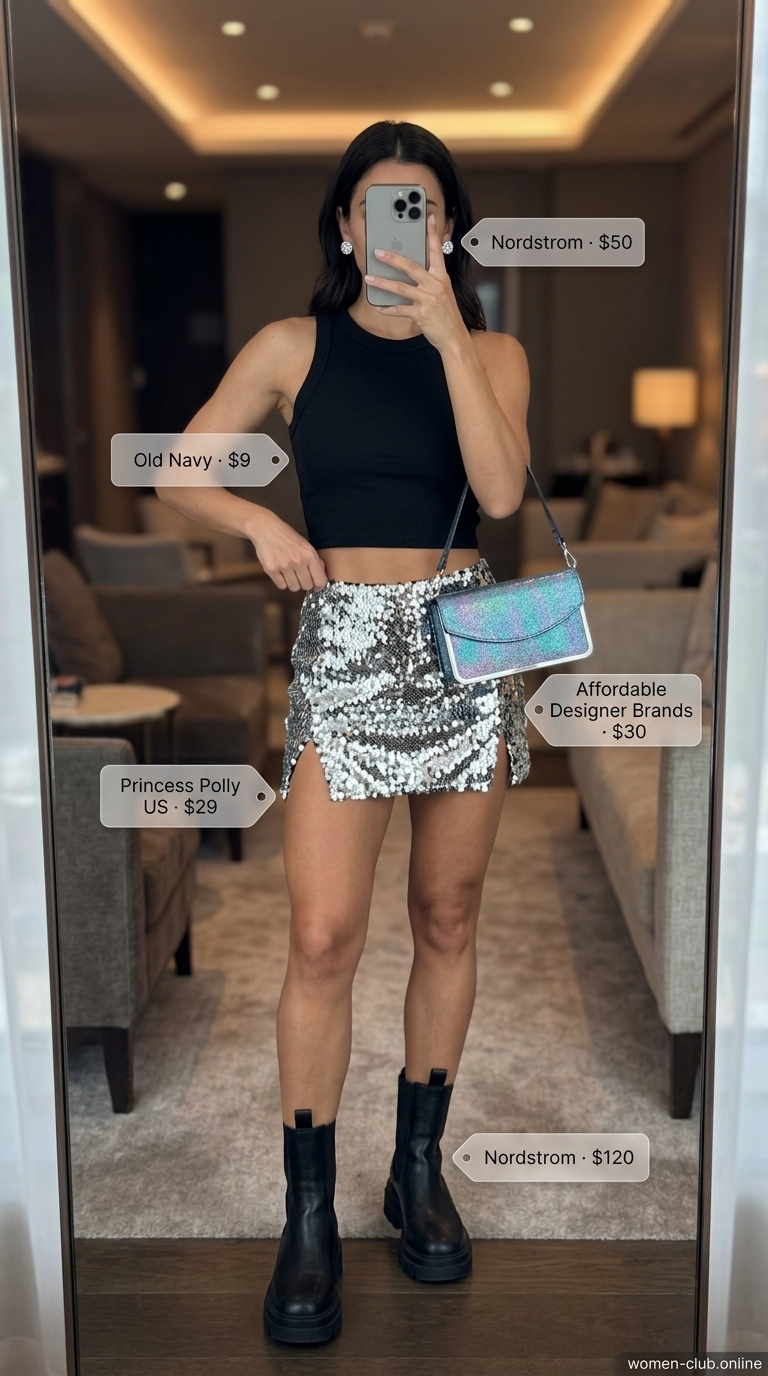 Summer party hot outfit for women 2026: Silver sequin skirt, black crop top for a festive club night look.